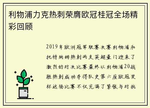 利物浦力克热刺荣膺欧冠桂冠全场精彩回顾