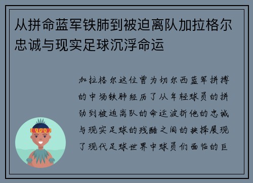 从拼命蓝军铁肺到被迫离队加拉格尔忠诚与现实足球沉浮命运